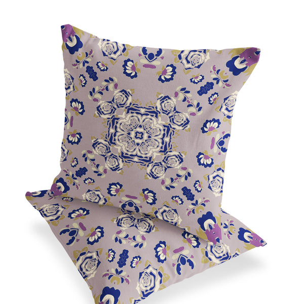 Homeroots Set Of Two 16" X 16" Blue And Purple Blown Seam Floral Indoor Outdoor Throw Pillow  Polyester 535478