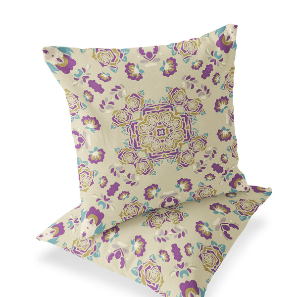 Homeroots Set Of Two 16" X 16" Beige And Purple Blown Seam Floral Indoor Outdoor Throw Pillow  Polyester 535479