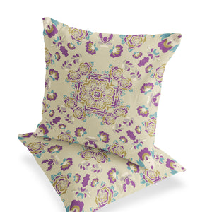 Homeroots Set Of Two 16" X 16" Beige And Purple Blown Seam Floral Indoor Outdoor Throw Pillow  Polyester 535479