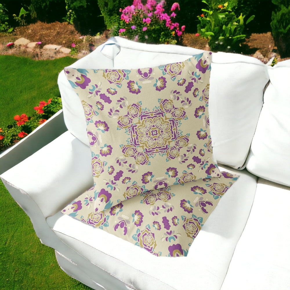 Homeroots Set Of Two 16" X 16" Beige And Purple Blown Seam Floral Indoor Outdoor Throw Pillow  Polyester 535479