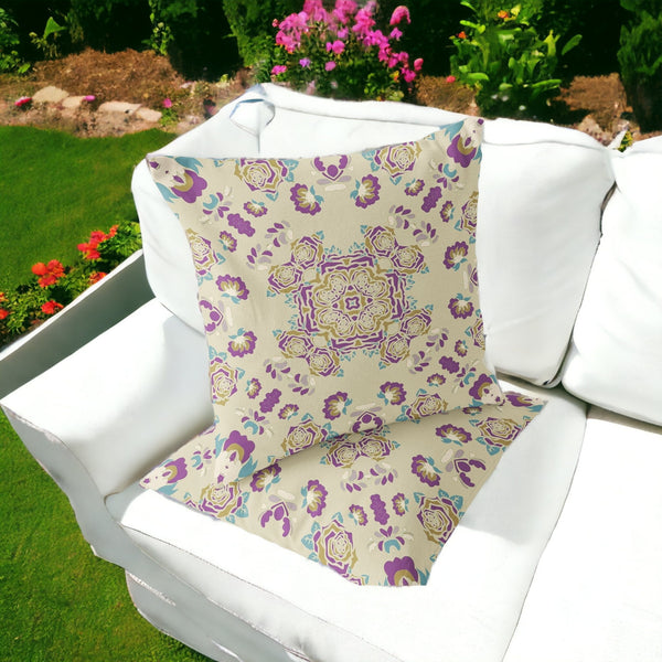Homeroots Set Of Two 16" X 16" Beige And Purple Blown Seam Floral Indoor Outdoor Throw Pillow  Polyester 535479