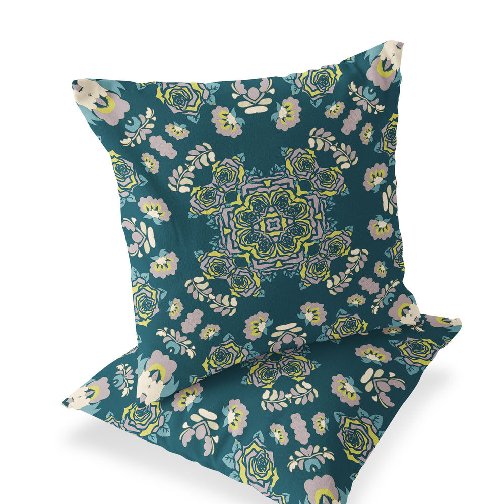 Homeroots Set Of Two 16" X 16" Green And Yellow Blown Seam Floral Indoor Outdoor Throw Pillow  Polyester 535480