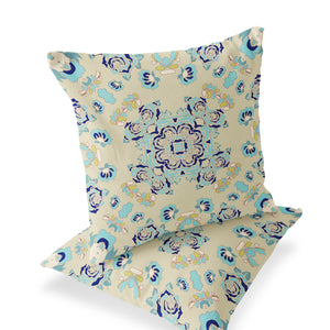 Homeroots Set Of Two 16" X 16" Blue And Off White Blown Seam Floral Indoor Outdoor Throw Pillow  Polyester 535481