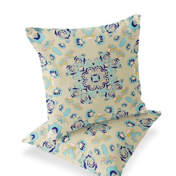 Homeroots Set Of Two 16" X 16" Blue And Off White Blown Seam Floral Indoor Outdoor Throw Pillow  Polyester 535481