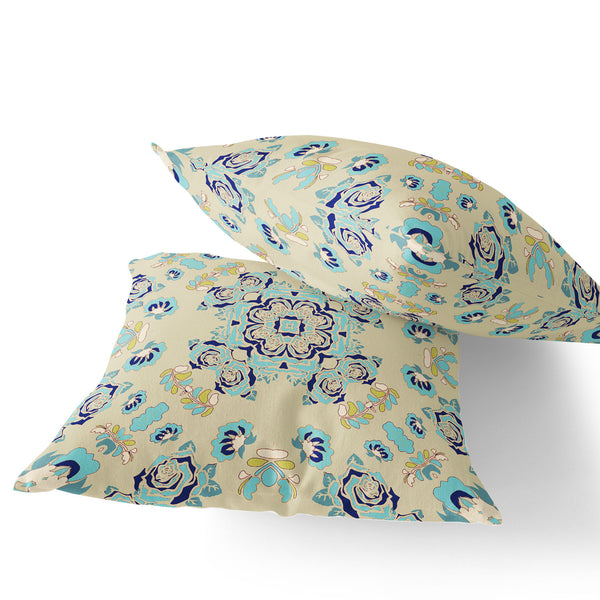 Homeroots Set Of Two 16" X 16" Blue And Off White Blown Seam Floral Indoor Outdoor Throw Pillow  Polyester 535481