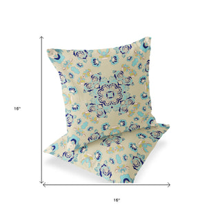 Homeroots Set Of Two 16" X 16" Blue And Off White Blown Seam Floral Indoor Outdoor Throw Pillow  Polyester 535481