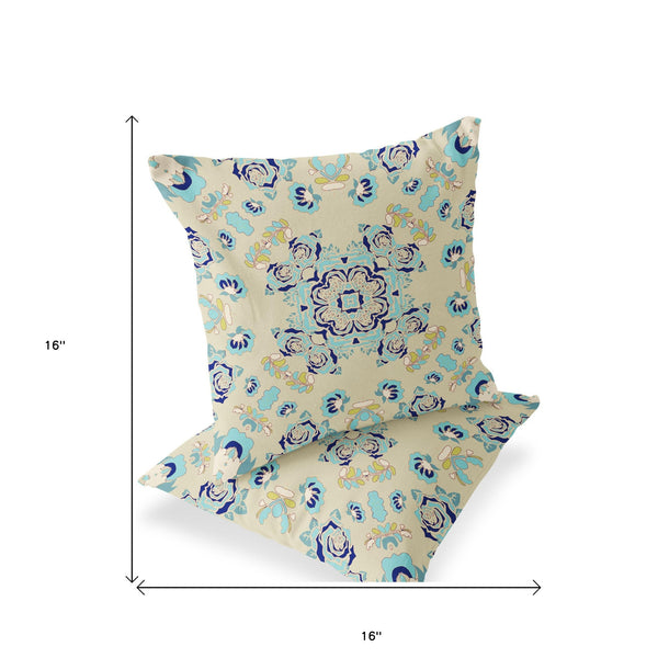 Homeroots Set Of Two 16" X 16" Blue And Off White Blown Seam Floral Indoor Outdoor Throw Pillow  Polyester 535481