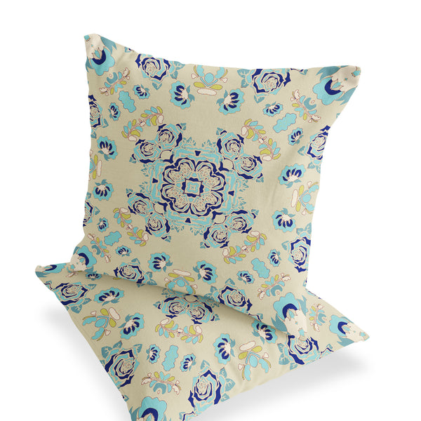 Homeroots Set Of Two 16" X 16" Blue And Off White Blown Seam Floral Indoor Outdoor Throw Pillow  Polyester 535481