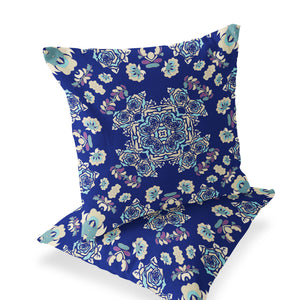 Homeroots Set Of Two 16" X 16" Blue And White Blown Seam Floral Indoor Outdoor Throw Pillow  Polyester 535482