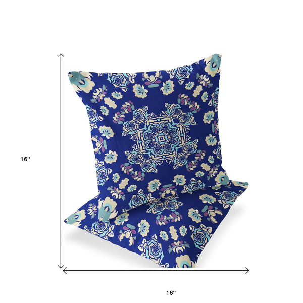 Homeroots Set Of Two 16" X 16" Blue And White Blown Seam Floral Indoor Outdoor Throw Pillow  Polyester 535482