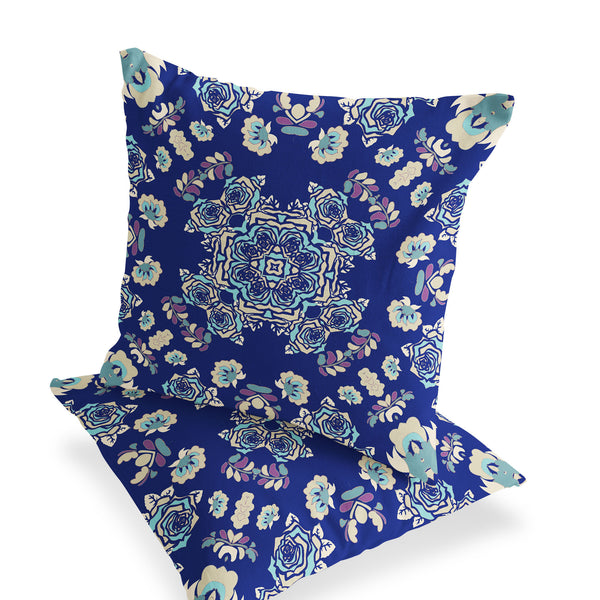 Homeroots Set Of Two 16" X 16" Blue And White Blown Seam Floral Indoor Outdoor Throw Pillow  Polyester 535482