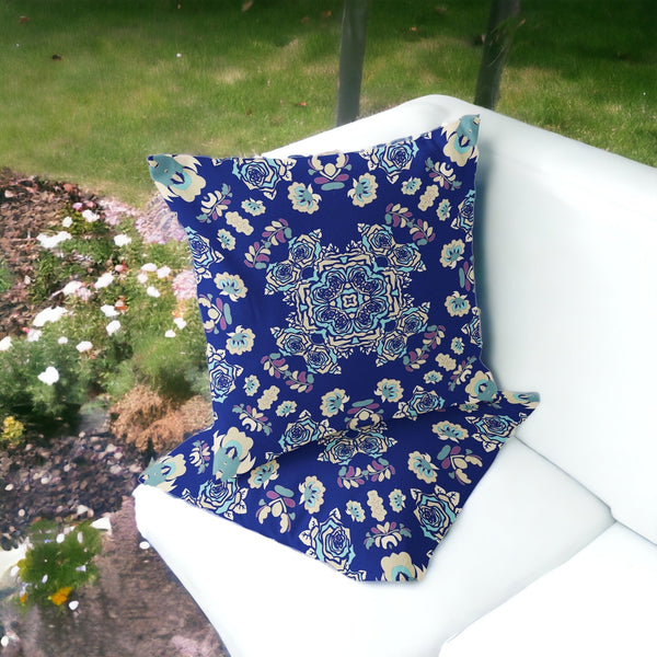 Homeroots Set Of Two 16" X 16" Blue And White Blown Seam Floral Indoor Outdoor Throw Pillow  Polyester 535482