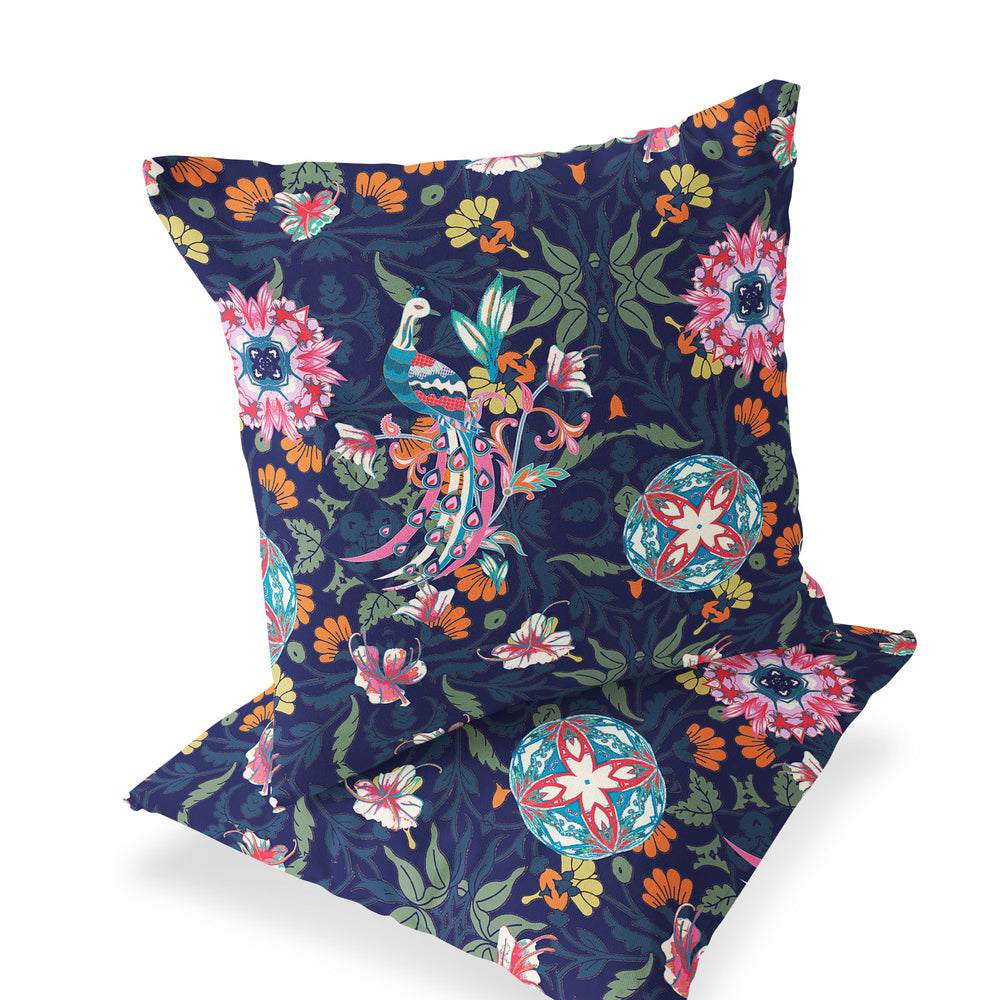 Homeroots Set Of Two 16" X 16" Blue And Pink Peacock Blown Seam Eclectic Indoor Outdoor Throw Pillow  Polyester 535483