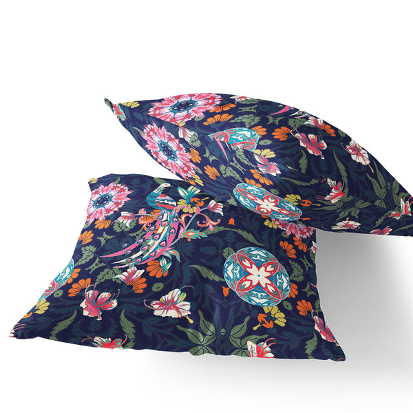 Homeroots Set Of Two 16" X 16" Blue And Pink Peacock Blown Seam Eclectic Indoor Outdoor Throw Pillow  Polyester 535483