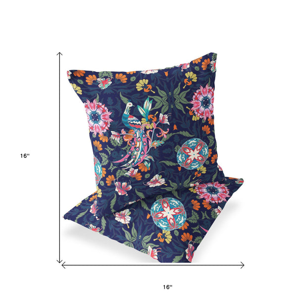 Homeroots Set Of Two 16" X 16" Blue And Pink Peacock Blown Seam Eclectic Indoor Outdoor Throw Pillow  Polyester 535483