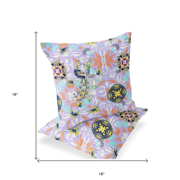Homeroots Set Of Two 16" X 16" Purple And White Peacock Blown Seam Eclectic Indoor Outdoor Throw Pillow  Polyester 535484