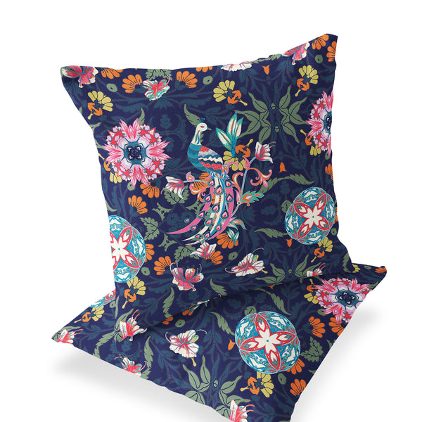 Homeroots Set Of Two 16" X 16" Blue And Pink Peacock Blown Seam Floral Indoor Outdoor Throw Pillow  Polyester 535485