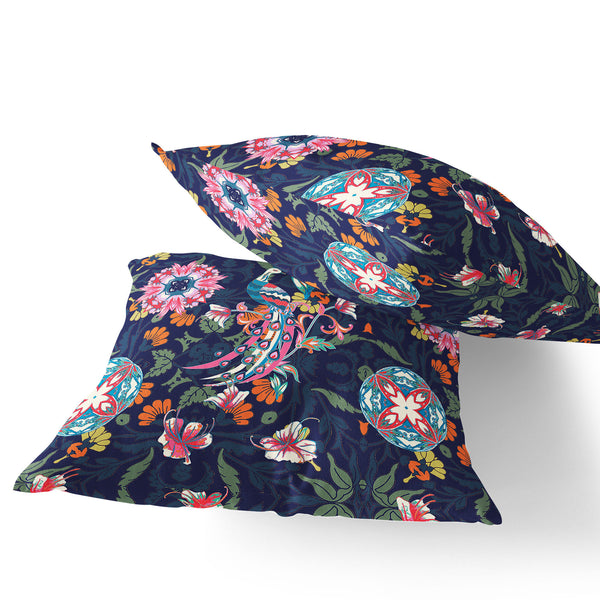 Homeroots Set Of Two 16" X 16" Blue And Pink Peacock Blown Seam Floral Indoor Outdoor Throw Pillow  Polyester 535485