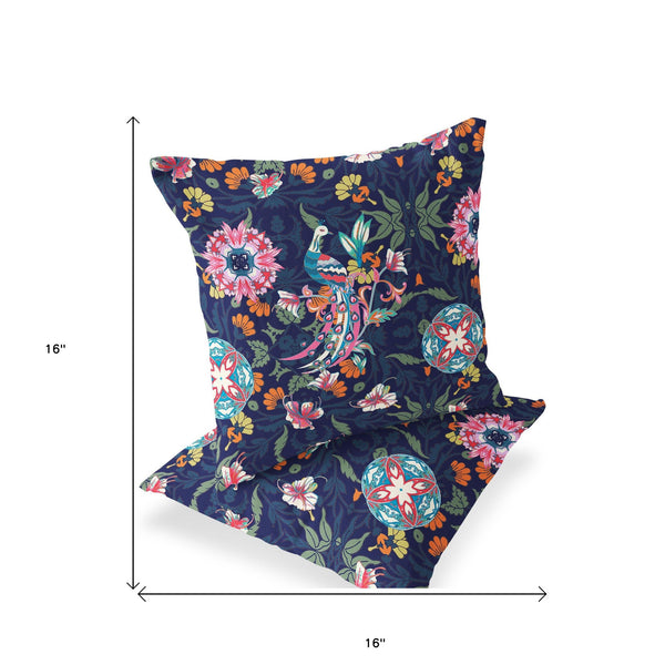 Homeroots Set Of Two 16" X 16" Blue And Pink Peacock Blown Seam Floral Indoor Outdoor Throw Pillow  Polyester 535485