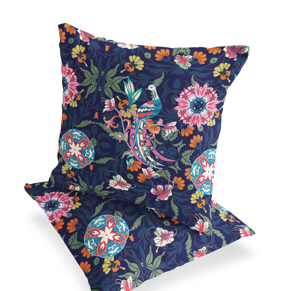 Homeroots Set Of Two 16" X 16" Blue And Pink Peacock Blown Seam Floral Indoor Outdoor Throw Pillow  Polyester 535485