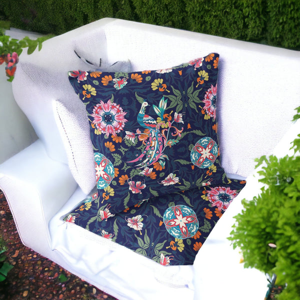 Homeroots Set Of Two 16" X 16" Blue And Pink Peacock Blown Seam Floral Indoor Outdoor Throw Pillow  Polyester 535485