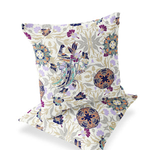 Homeroots Set Of Two 16" X 16" Purple And White Peacock Blown Seam Eclectic Indoor Outdoor Throw Pillow  Polyester 535487