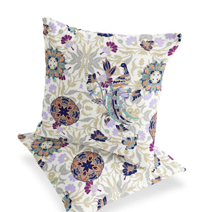 Homeroots Set Of Two 16" X 16" Purple And White Peacock Blown Seam Eclectic Indoor Outdoor Throw Pillow  Polyester 535487