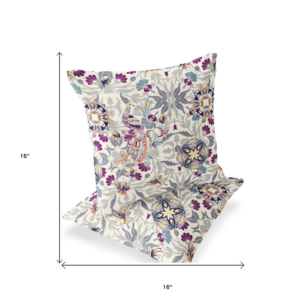 Homeroots Set Of Two 16" X 16" Pink And White Peacock Blown Seam Eclectic Indoor Outdoor Throw Pillow  Polyester 535488