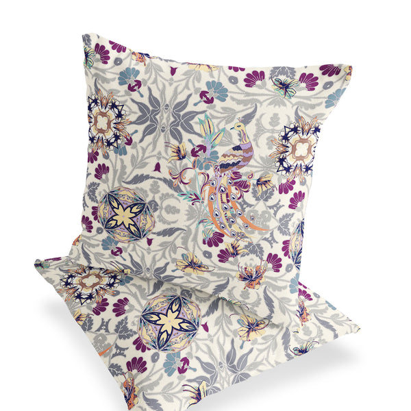 Homeroots Set Of Two 16" X 16" Pink And White Peacock Blown Seam Eclectic Indoor Outdoor Throw Pillow  Polyester 535488