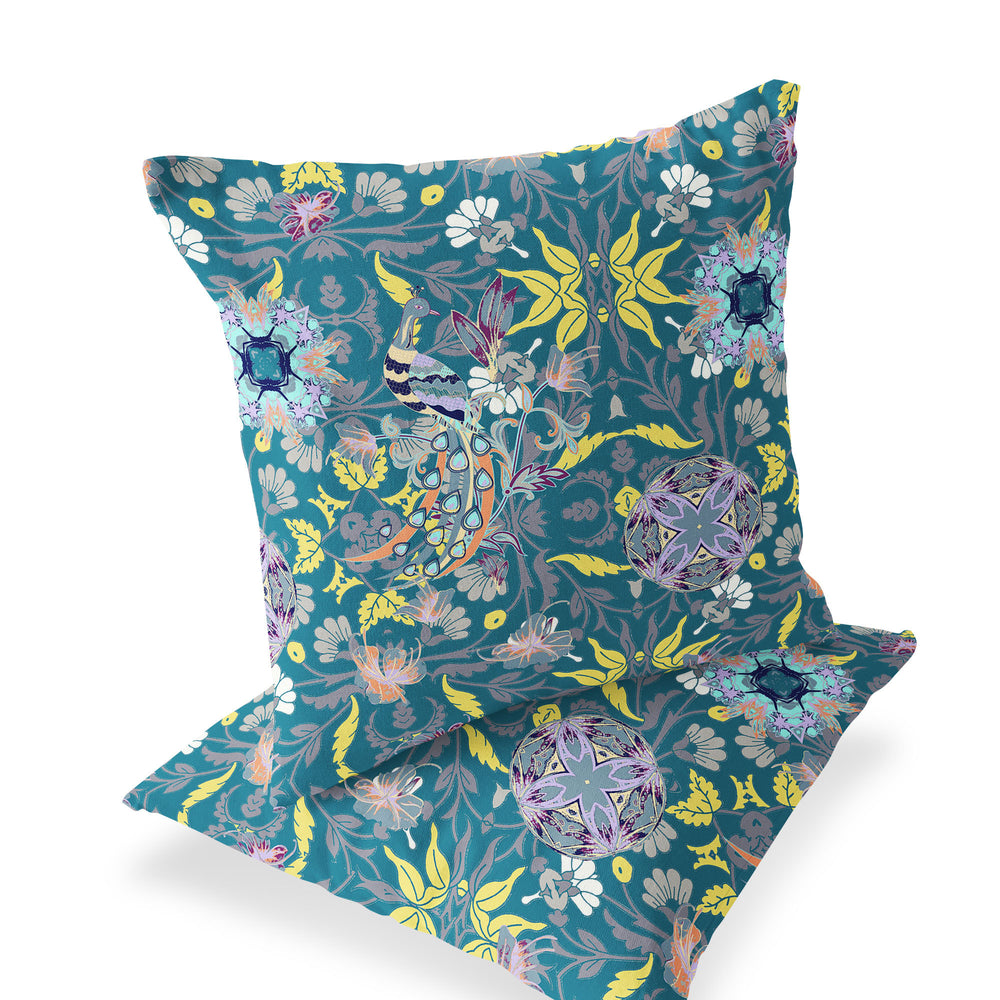 Homeroots Set Of Two 16" X 16" Green And Yellow Peacock Blown Seam Eclectic Indoor Outdoor Throw Pillow  Polyester 535489