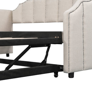 English Elm Twin Linen Upholstered Daybed with Pop up Trundle and Built in Usb Charging Beige SF000199AAA