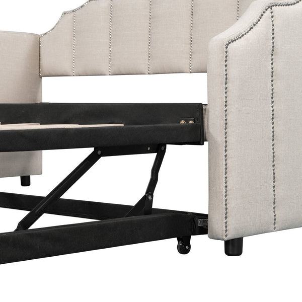 English Elm Twin Linen Upholstered Daybed with Pop up Trundle and Built in Usb Charging Beige SF000199AAA