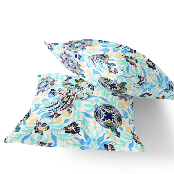 Homeroots Set Of Two 16" X 16" Blue And White Peacock Blown Seam Eclectic Indoor Outdoor Throw Pillow  Polyester 535490