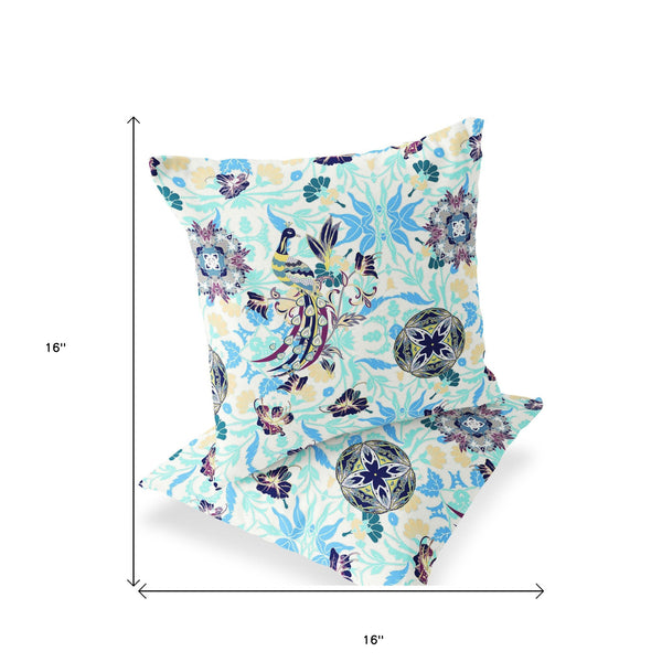 Homeroots Set Of Two 16" X 16" Blue And White Peacock Blown Seam Eclectic Indoor Outdoor Throw Pillow  Polyester 535490