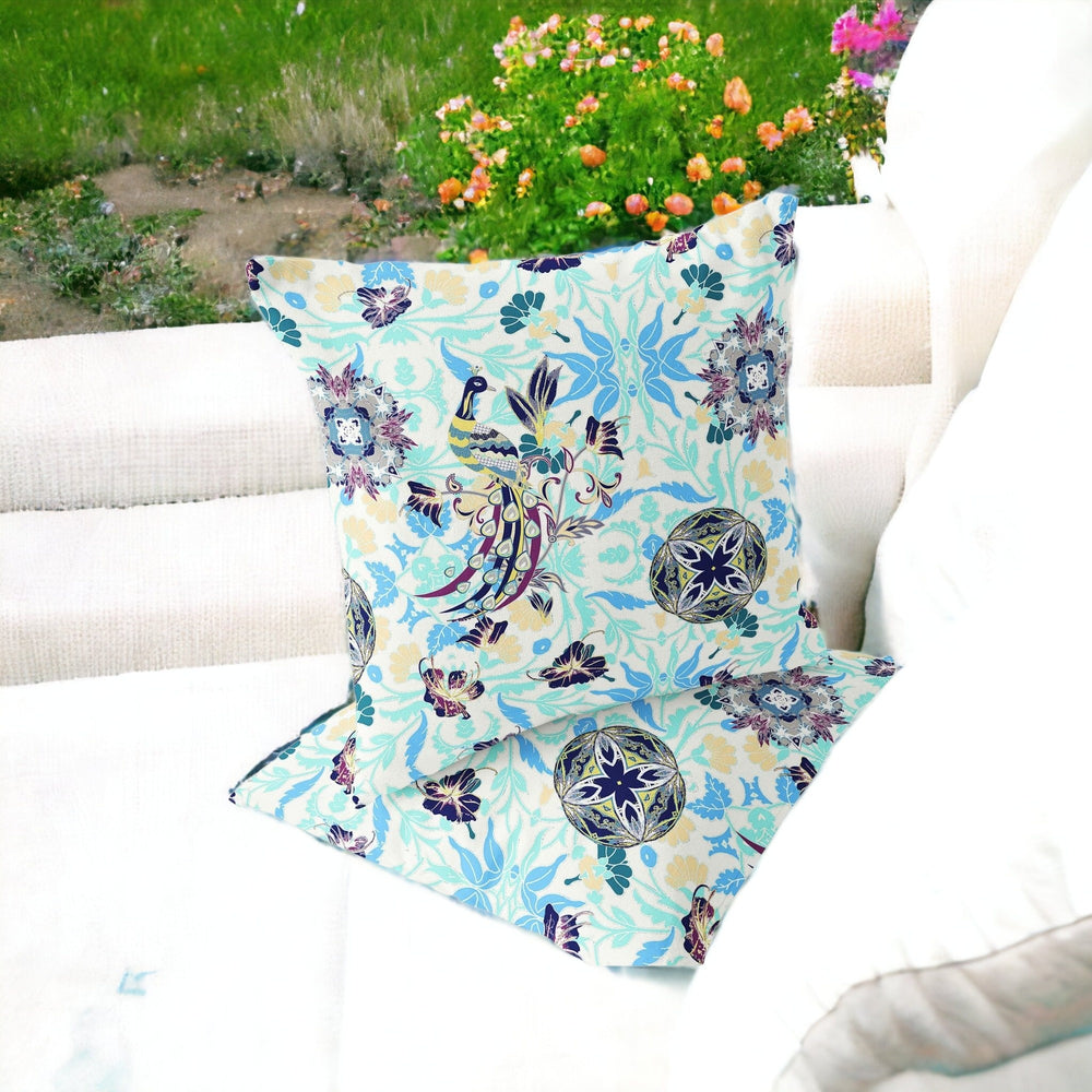 Homeroots Set Of Two 16" X 16" Blue And White Peacock Blown Seam Eclectic Indoor Outdoor Throw Pillow  Polyester 535490