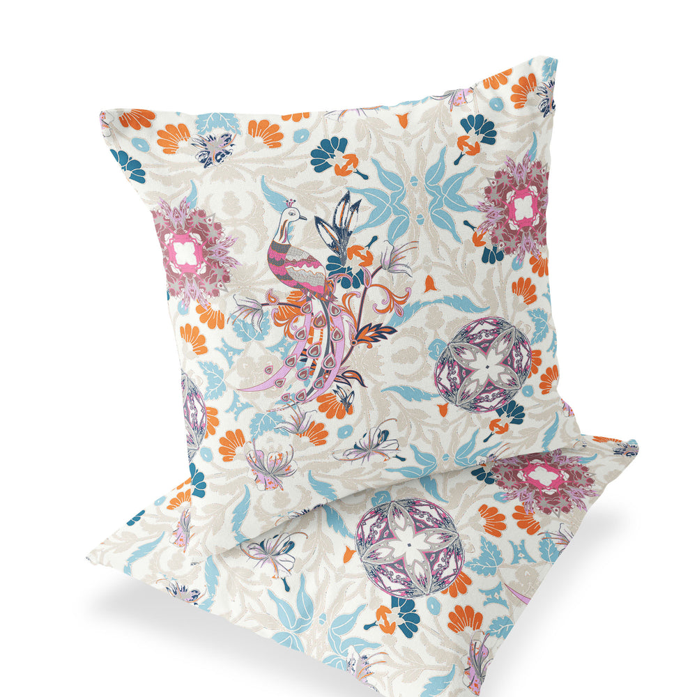 Homeroots Set Of Two 16" X 16" Blue And Off White Peacock Blown Seam Eclectic Indoor Outdoor Throw Pillow  Polyester 535491