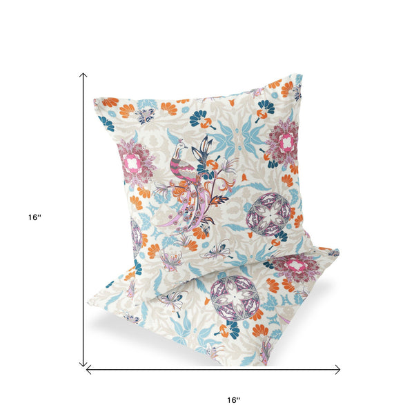 Homeroots Set Of Two 16" X 16" Blue And Off White Peacock Blown Seam Eclectic Indoor Outdoor Throw Pillow  Polyester 535491