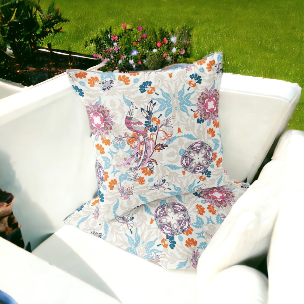 Homeroots Set Of Two 16" X 16" Blue And Off White Peacock Blown Seam Eclectic Indoor Outdoor Throw Pillow  Polyester 535491