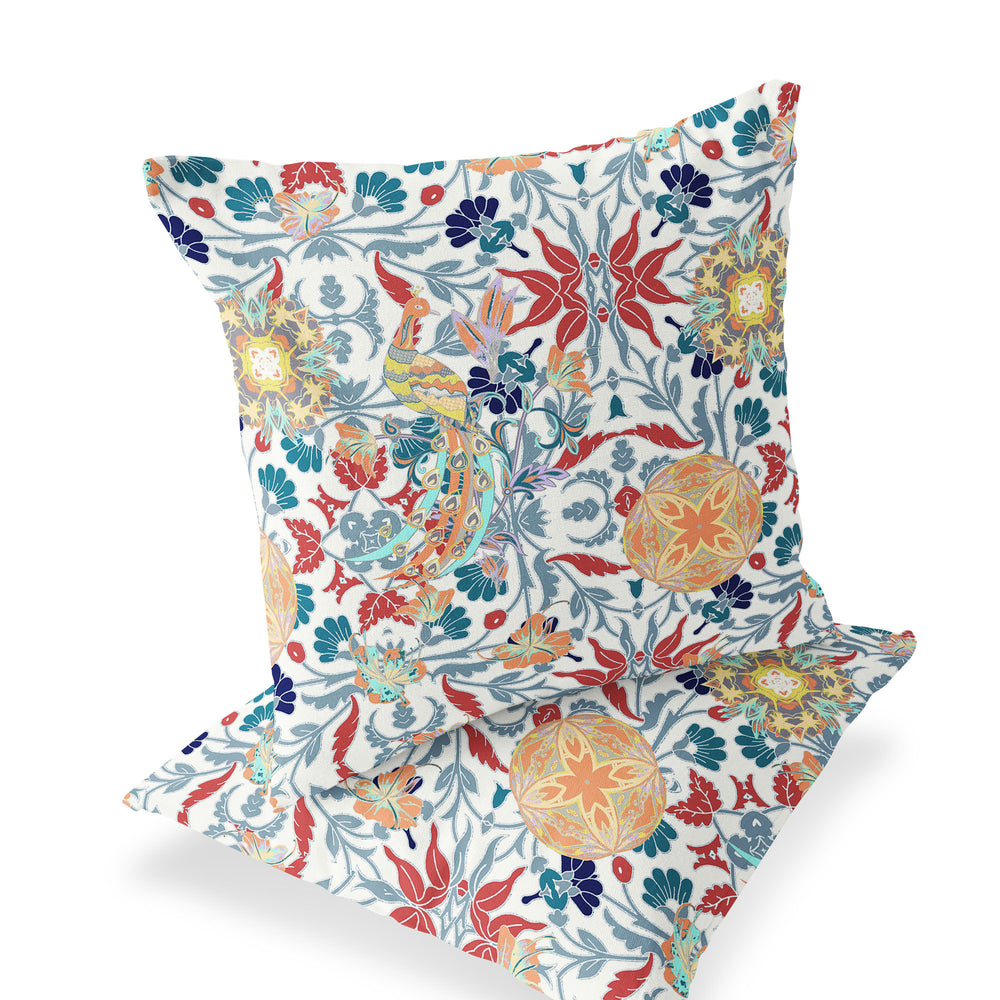 Homeroots Set Of Two 16" X 16" Red And White Peacock Blown Seam Eclectic Indoor Outdoor Throw Pillow  Polyester 535492