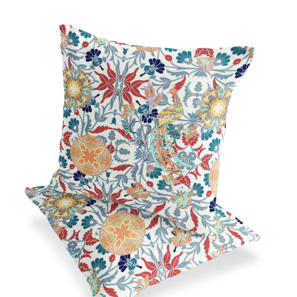 Homeroots Set Of Two 16" X 16" Red And White Peacock Blown Seam Eclectic Indoor Outdoor Throw Pillow  Polyester 535492