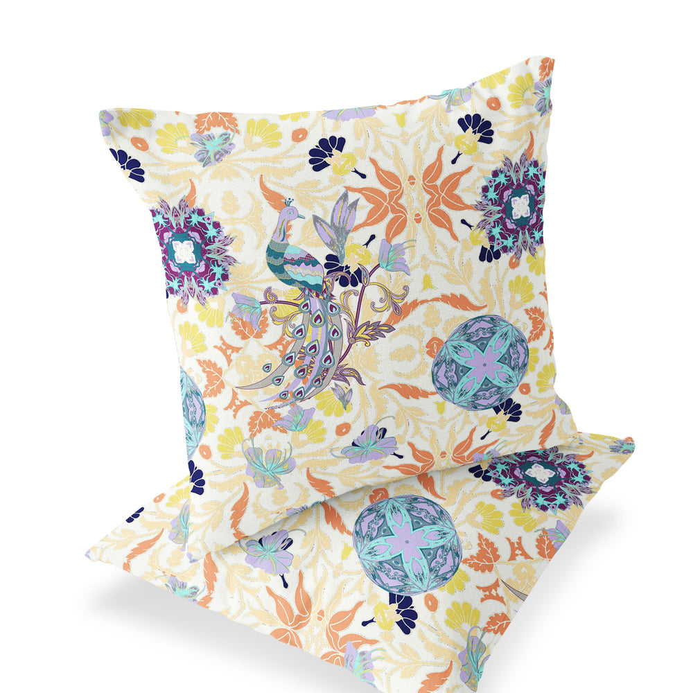 Homeroots Set Of Two 16" X 16" Orange And White Peacock Blown Seam Eclectic Indoor Outdoor Throw Pillow  Polyester 535493