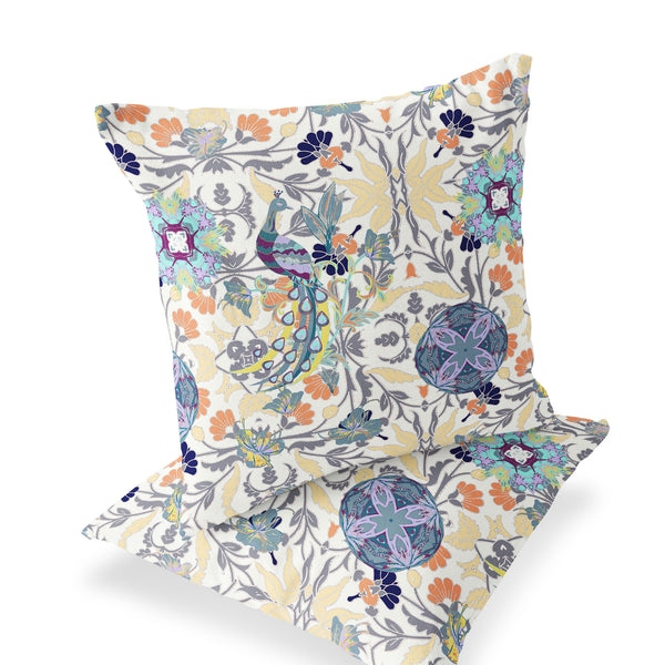 Homeroots Set Of Two 16" X 16" Yellow And White Peacock Blown Seam Eclectic Indoor Outdoor Throw Pillows  Polyester 535494