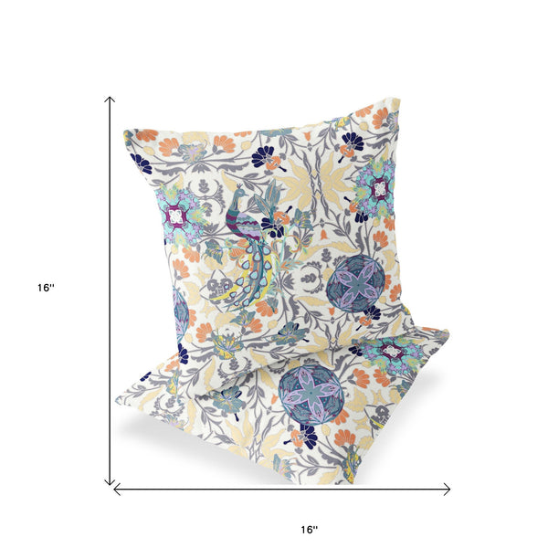 Homeroots Set Of Two 16" X 16" Yellow And White Peacock Blown Seam Eclectic Indoor Outdoor Throw Pillows  Polyester 535494