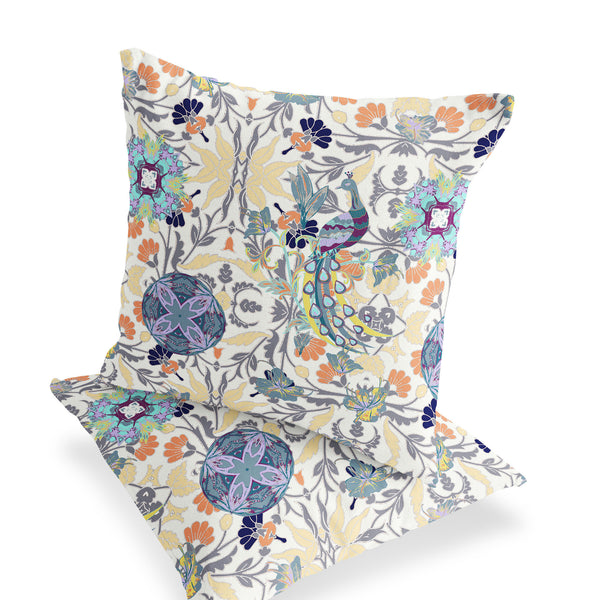 Homeroots Set Of Two 16" X 16" Yellow And White Peacock Blown Seam Eclectic Indoor Outdoor Throw Pillows  Polyester 535494