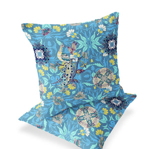 Homeroots Set Of Two 16" X 16" Blue And Green Peacock Blown Seam Eclectic Indoor Outdoor Throw Pillow  Polyester 535495