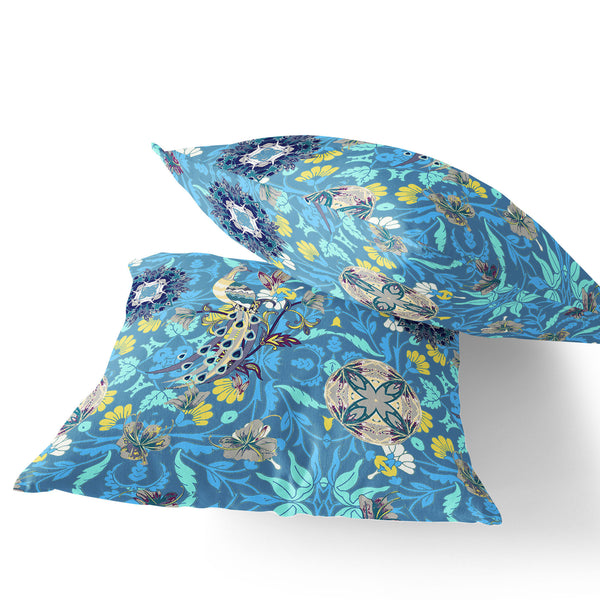 Homeroots Set Of Two 16" X 16" Blue And Green Peacock Blown Seam Eclectic Indoor Outdoor Throw Pillow  Polyester 535495