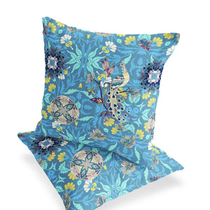 Homeroots Set Of Two 16" X 16" Blue And Green Peacock Blown Seam Eclectic Indoor Outdoor Throw Pillow  Polyester 535495