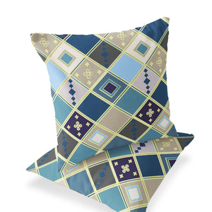 Homeroots Set Of Two 16" X 16" Blue And Gold Blown Seam Diamond Indoor Outdoor Throw Pillow  Polyester 535499