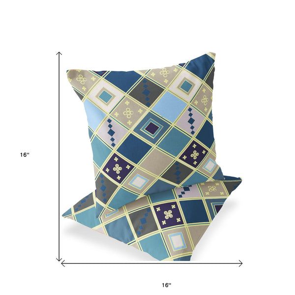 Homeroots Set Of Two 16" X 16" Blue And Gold Blown Seam Diamond Indoor Outdoor Throw Pillow  Polyester 535499