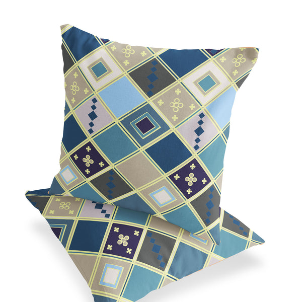 Homeroots Set Of Two 16" X 16" Blue And Gold Blown Seam Diamond Indoor Outdoor Throw Pillow  Polyester 535499